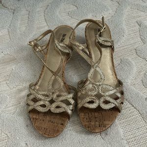 Coach wedges, Coach and Four brand, gold wedge sandals, metallic, cork heels, 8M